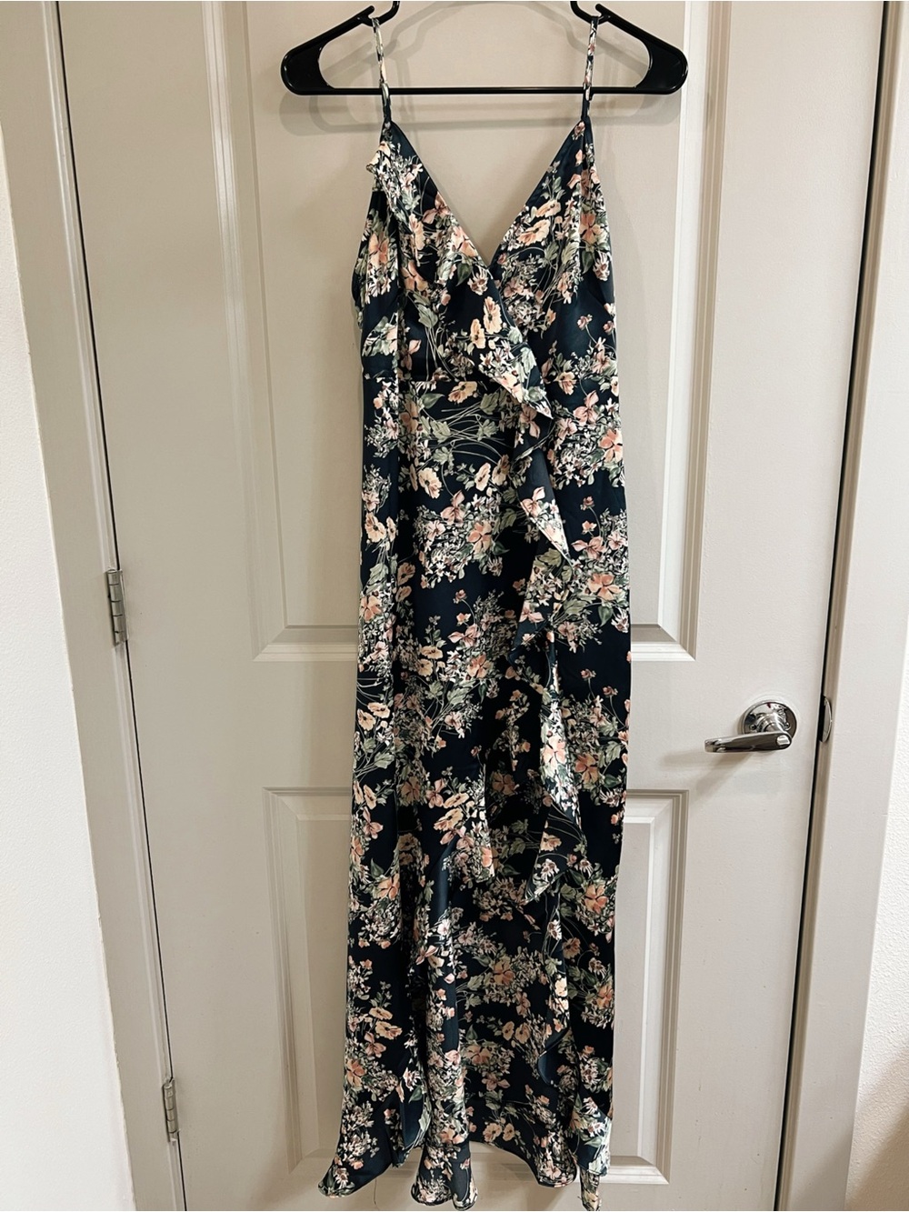 Floral Chiffon Navy Ruffle Maxi Dress with Spaghetti Straps